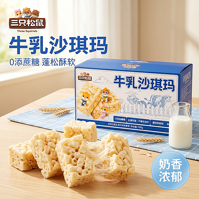 [主图-1] 三只松鼠牛乳沙琪玛首图点击率诱惑食欲场景
[氛围风格] 温馨清新居家餐桌风，自然食欲氛围
[画质] 商业摄影质感，光线柔和通透，产品清晰真实，画面干净高级
[元素] 三只松鼠牛乳沙琪玛外盒居中偏右，前方错落摆放3-4块拆开独立包装的沙琪玛块，沙琪玛表层酥松纹理清晰可见，部分沙琪玛呈拉丝状态，凸显蓬松酥软质地。左上角预留文案区域，保留三只松鼠品牌Logo，与原图保持一致不变形。浅原木色餐桌作基底，背景搭配浅蓝格子餐布，散落几缕干燥稻草增加牧场氛围，右侧点缀小玻璃瓶装牛乳。保持牛乳沙琪玛产品外观、颜色、包装设计与输入产品图绝对一致，杜绝任何变形和色差，精细化处理。商品主体占比严格控制在65%左右，画面满屏无边框
[光影] 窗边自然暖阳逆光，光线透过沙琪玛表面呈现通透奶黄色泽，主光从左侧斜射勾勒产品轮廓，辅助柔光填充暗部，增加酥松纹理层次感，高光溢出体现奶香味诱人氛围
[配色] 主色调暖米白、奶黄色；辅助色包装蓝、原木棕，整体清新干净，突出牛乳的纯净感
[视角构图] 平视45度斜拍，主体清晰，背景适度虚化景深，主体轮廓完整不裁切
[文字版式] 左上角负空间左对齐留安全边距，大字主文案写"牛乳沙琪玛"蓝色粗体无衬线，下配小字辅助文案"0添蔗糖 蓬松酥软"，字号约为主文案三分之一，同蓝色浅一点。右下角浅蓝半透明小圆章写"奶香浓郁"，白字清晰。文字不遮挡主体
[比例分辨率] 1:1比例，4k分辨率，文字清晰可辨，超高清
[负向提示词] 变形，文字错乱，产品图模糊，背景杂乱，水印，电商平台Logo