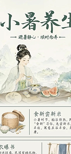 小暑养生健康科普分享国风手绘风长图海报