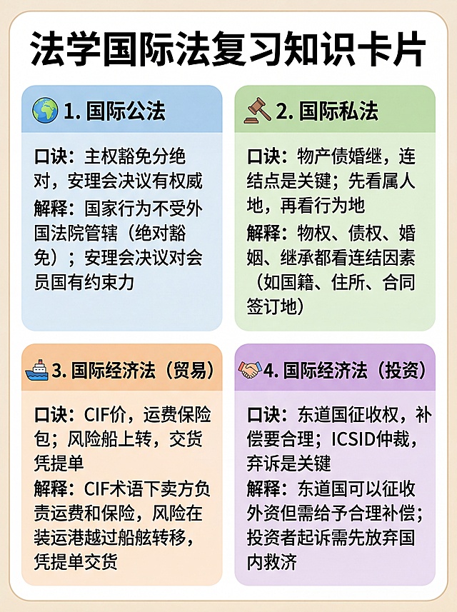 制作一张法学国际法复习知识卡片，清晰排版四个模块：
1.国际公法：标题"国际公法"，口诀"主权豁免分绝对，安理会决议有权威"，解释"国家行为不受外国法院管辖（绝对豁免）；安理会决议对会员国有约束力"
2.国际私法：标题"国际私法"，口诀"物产债婚继，连结点是关键；先看属人地，再看行为地"，解释"物权、债权、婚姻、继承都看连结因素（如国籍、住所、合同签订地）"
3.国际经济法（贸易）：标题"国际经济法（贸易）"，口诀"CIF价，运费保险包；风险船上转，交货凭提单"，解释"CIF术语下卖方负责运费和保险，风险在装运港越过船舷转移，凭提单交货"
4.国际经济法（投资）：标题"国际经济法（投资）"，口诀"东道国征收权，补偿要合理；ICSID仲裁，弃诉是关键"，解释"东道国可以征收外资但需给予合理补偿；投资者起诉需先放弃国内救济"
整体设计简约清晰，便于背诵记忆，配色舒适，文字清晰，排版工整，分成四个区域将所有内容整合在一张图中