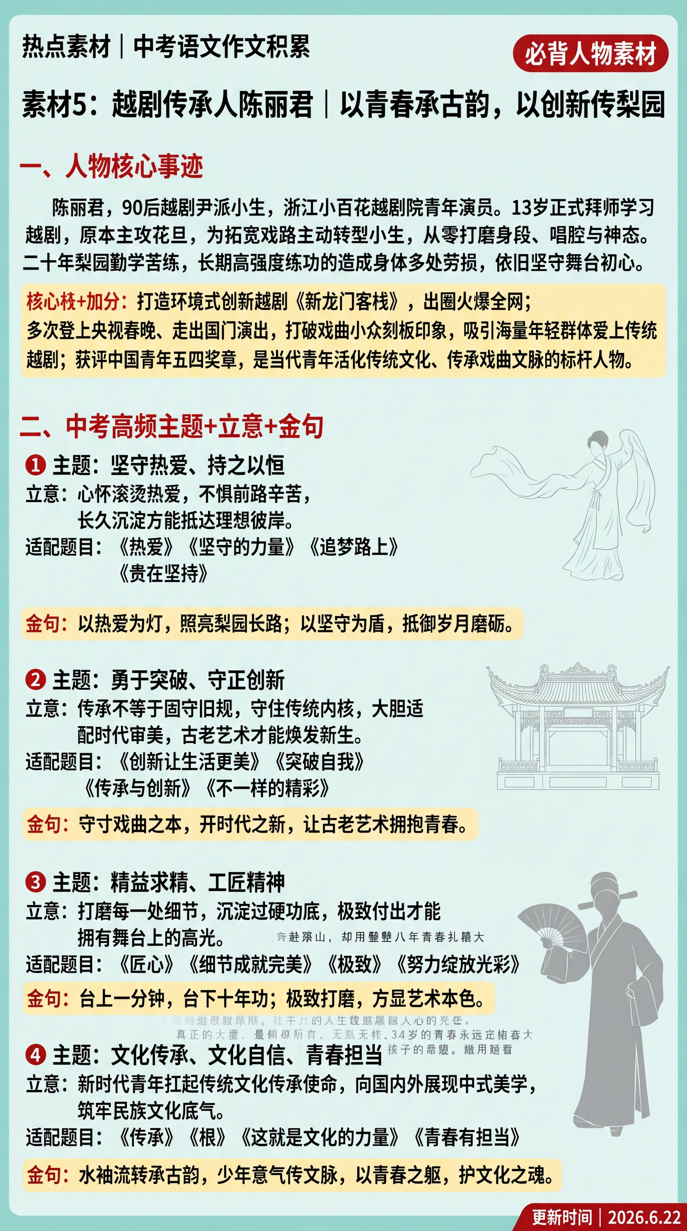 竖版A4中考语文教辅素材卡，页面底色为青绿色#A8E7D6，小… - 图片创意预览