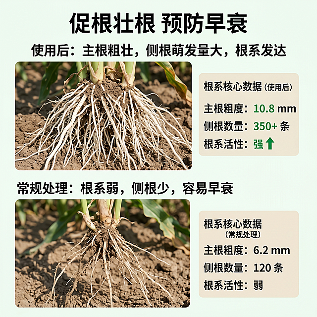 [第7屏] 促根促长防早衰效果对比页，展示使用前后根系差异。
[氛围/风格] 真实对比农业风，清晰展示效果，直观可信。
[元素布局] 顶部主标题，上下放置两组根系照片，上组为使用后的根系，下组为常规处理根系，每组照片旁配数据说明卡，标注主根粗度和侧根数量对比。
[光影质感] 自然光实拍，根系清晰，反差适中，说明文字清晰。
[配色色系] 全局底色 #F0F9F0，主色绿色，数据卡浅米色，文字黑色。
[视角构图] 从上到下，主标题 → 使用效果 → 常规效果，对比清晰。
[文字版式] 主标题「促根壮根 预防早衰」，上组标题「使用后：主根粗壮，侧根萌发量大，根系发达」，下组标题「常规处理：根系弱，侧根少，容易早衰」，数据卡标注对比差异，文字清晰排版舒朗。
[比例分辨率] 1:1 方图，4K分辨率，文字清晰可辨，高清画质。
[负向提示词] 根系变形，对比不清，文字重叠，文字过小，色彩混乱