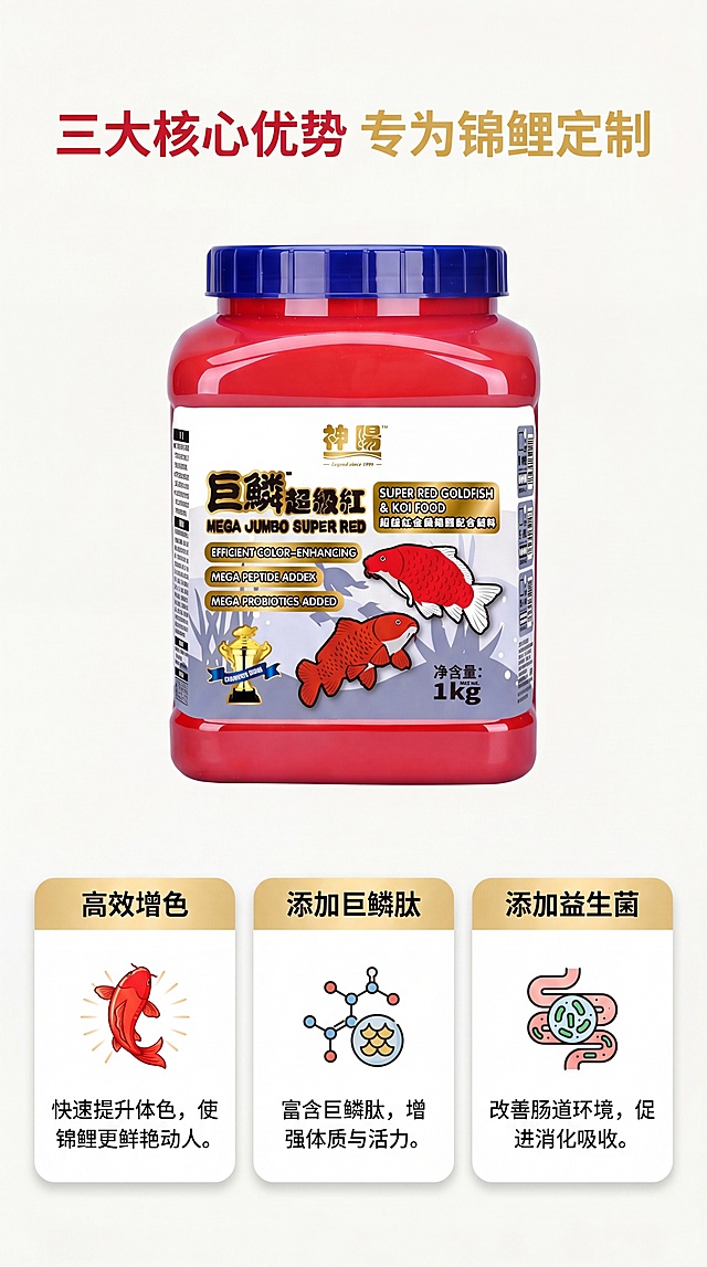 [第3屏] 核心配方解析-巨鳞超级红三大优势结构说明。本屏使用【图1】作为产品主体。
[氛围/风格] 专业科普风，清晰直观，干净简洁
[元素布局] 产品图放在页面上部，占比约40%；下方三格卡片排列，每格介绍一个核心卖点，依次为：高效增色、添加巨鳞肽、添加益生菌；每个卡片配对应小图标，图文结合，产品包装结构与原图保持一致
[光影质感] 均匀明亮光照，卡片带轻微阴影增加层次感，整体清晰通透
[配色色系] 全局底色 #F8F7F3；主色产品红，辅助色浅金色卡片标题栏
[视角构图] 上下分栏构图，上部产品，下部卖点卡片，阅读从上到下
[文字版式] 顶部主标题「三大核心优势 专为锦鲤定制」，每格卡片小标题对应卖点，简短说明用户收益，文字清晰不遮挡产品
[比例分辨率] 9:16 竖版比例，4K分辨率，文字清晰可辨，高清画质
[负向提示词] 产品变形，文字错乱，卡片排版混乱，颜色偏差，水印