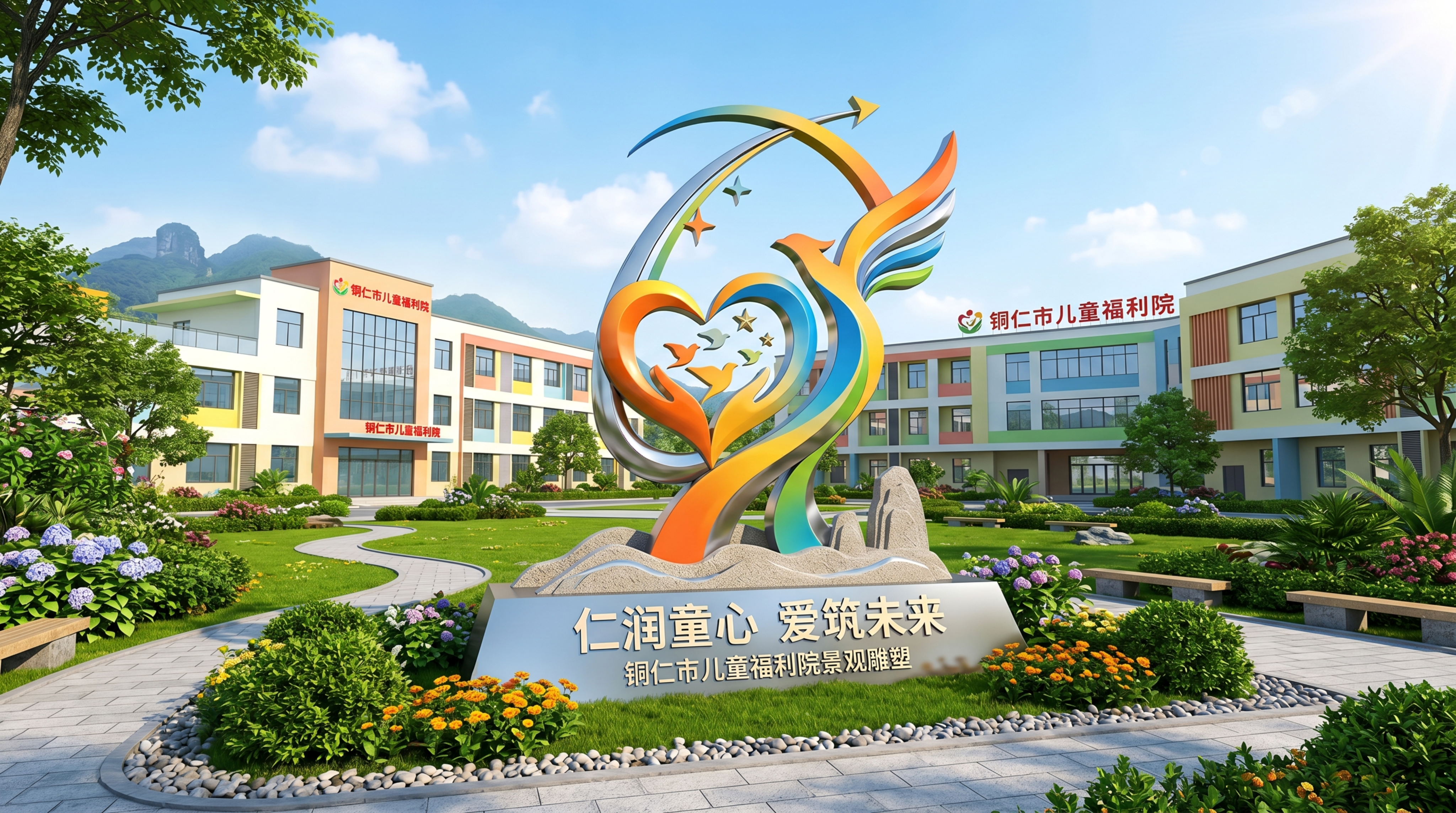 铜仁市儿童福利院景观雕塑设计，主题为"仁润童心 爱筑未来"，突… - 图片创意预览