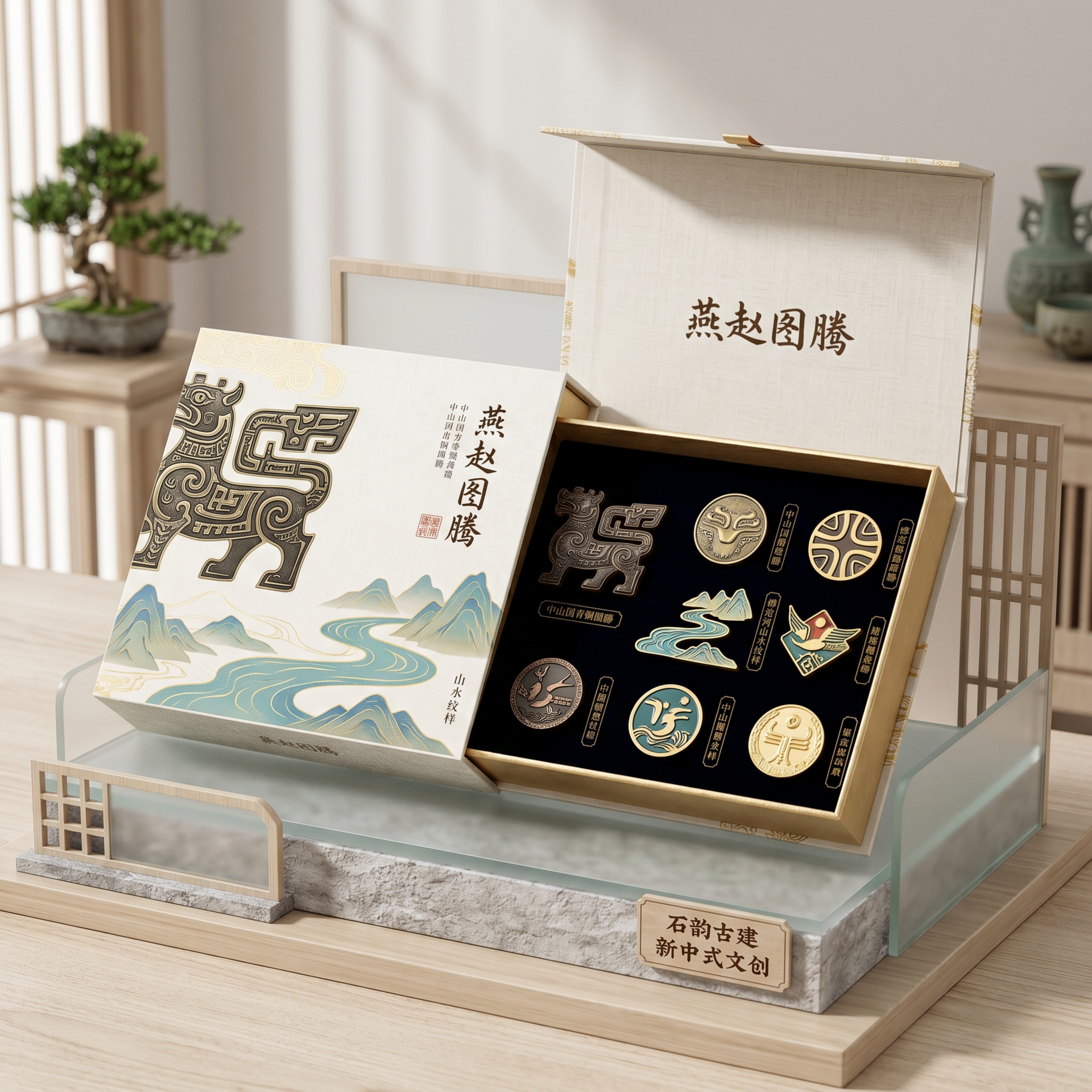 石韵古建新中式文创产品展示，燕赵图腾徽章礼盒，AI重构中山国青… - 图片创意预览