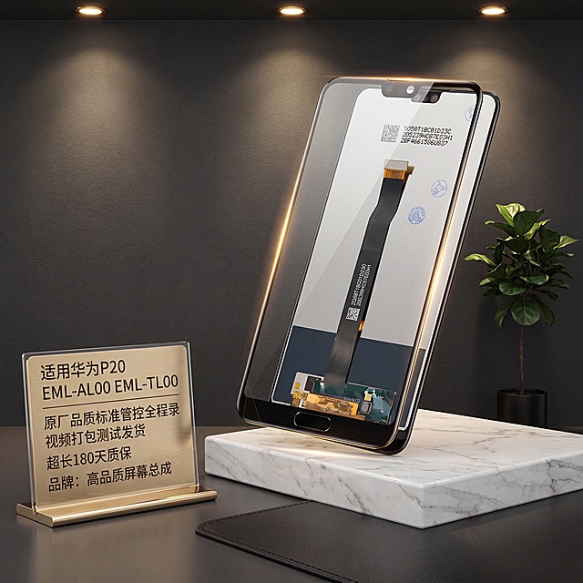 商业级产品摄影。
主体：华为P20屏幕总成占画面60%~70%、完整不裁切、绝对主导，近景贴近拍摄，手机屏幕总成严格参照上传产品图（https://gdesign-dam-hz.dancf.com/36964655156799611/ba99bb6d3428487b929d644db8ca286b.jpg），完整保留所有可见组件、部件、轮廓、结构、比例、材质、颜色与产品本体上的文字信息，与上传图完全一致；清除产品本体之外的卖点、水印、价格、排版角标、装饰边框等营销信息；画面中不得带有“赠品”相关文字信息；包含文字"适用华为P20 EML-AL00 EML-TL00"，"原厂品质标准管控全程录视频打包测试发货"，"超长180天质保"，"品牌：高品质屏幕总成"。
构图：对角线构图，正面平视，微仰5°。
风格：轻奢质感。
场景概念：轻奢展厅展示台，室内暖光氛围。
承载与空间：①卡拉拉白大理石展台，白色大理石带浅灰自然纹理；②背景：深炭灰硅藻泥墙面，深炭灰色。
陪衬物：①展台左下角，拉丝金属铭牌支架，拉丝金色；②展台右上角，一小盆深绿色琴叶榕盆栽，深绿色叶片，黑色花盆；③前方，黑色pu展示垫，黑色pu材质。
配色：主色调60%大理石白，辅助色25%深炭灰，点缀色15%拉丝金/深绿；画面实际颜色4种：白色/深灰/金色/深绿。
材质：画面实际材质5种：大理石/金属/硅藻泥/ pu/绿植。
光影：主光从顶部暖调射灯，产品正面高亮清晰，边缘带有金色环境反光；辅光背景墙反射，轮廓光清晰，玻璃屏幕通透高光，金属连接件镜面反光。
参考图https://2.jpg的结构和布局，保留参考图左文右图骨架，相似度50%，不100%雷同。
4K 写实光追，严格锁定宽高比为 1:1。