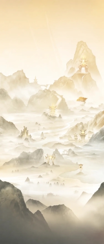 将这张仙侠山水画改成偏白黄调，打造更浓厚的仙侠仙境氛围感，保留原有建筑山川河流布局和结构不变预览效果