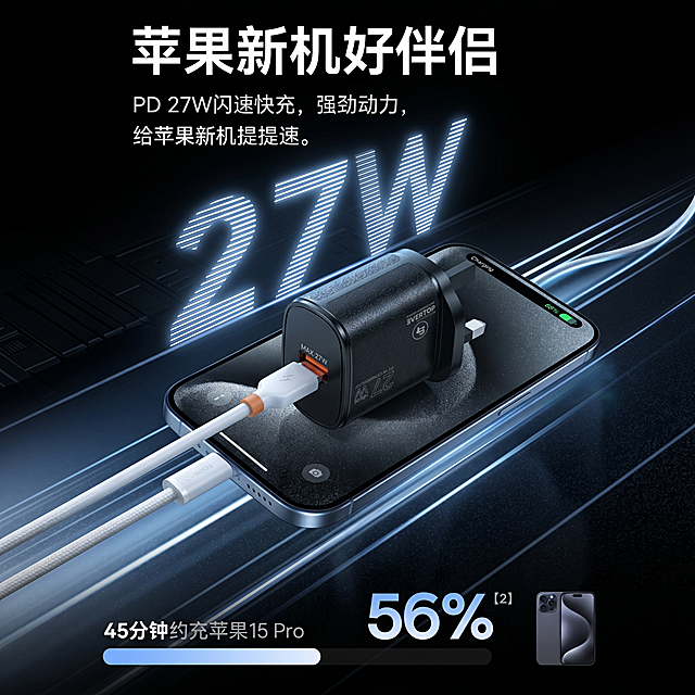 充电器，严格参照上传产品图，完整保留所有可见组件、部件、轮廓、结构、比例、材质、颜色与产品本体上的文字信息（logo / 型号 / 规格 / 参数 / 浮雕 / 刻度等），与上传图完全一致；自然融入场景光影，与场景共处同一物理空间。
参考图风格生成科技感桌面充电场景，深黑色+冰蓝色科技冷色调，相似度尽可能100%复刻。
组合语境为充电器放置在手机屏幕上，搭配充电数据线，背景带大尺寸27W功率文字发光特效，整体科技氛围。
侧前方主光，产品受光面泛起深黑色柔光、暗部映射冰蓝色光晕，与环境物理融合。产品居中特写构图。动态科技光影，微侧25°视角。
全量复刻参考图版式结构：顶部保留主标题，保留大发光功率文字，保留底部充电数据展示，保留手机展示结构。
保留本产品自身品牌文字，消除参考图原有品牌文字。
严格锁定宽高比为 1:1，4K分辨率。