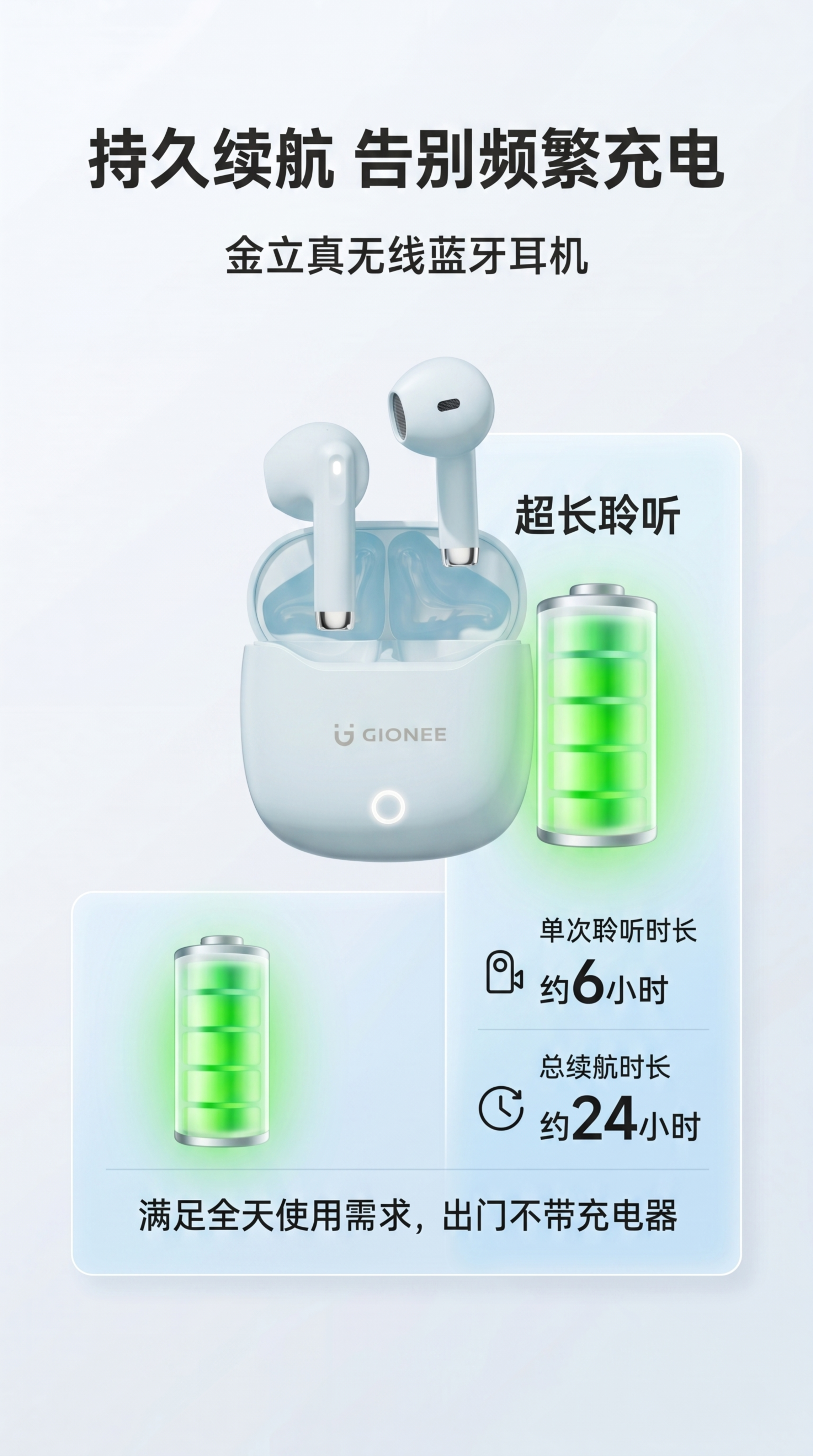 [第9屏] 本屏功能定义：续航表现展示，展示金立真无线蓝牙耳机… - 图片创意预览