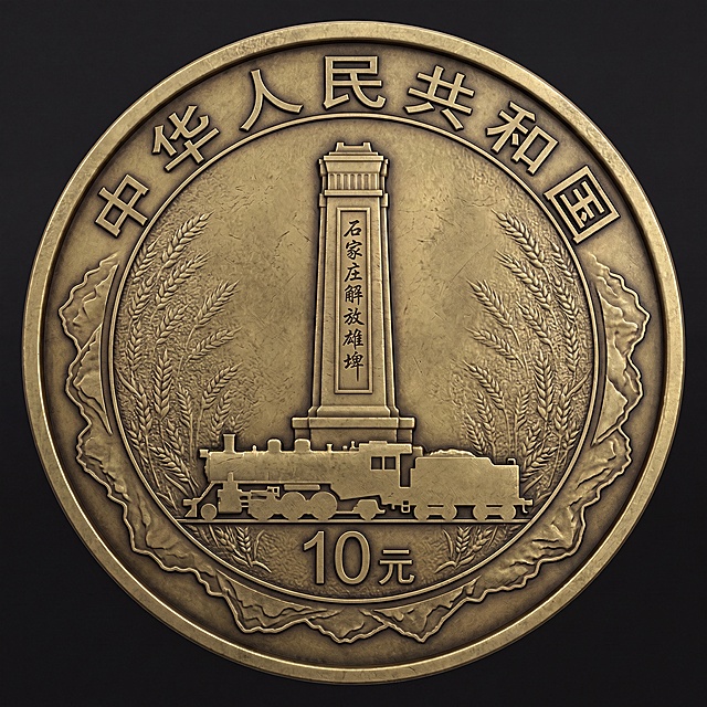 石家庄城市文化纪念币正面设计效果图，材质为黄铜合金，直径30mm圆形，主图案是居中挺拔的石家庄解放纪念碑，下方搭配百年正太铁路老式蒸汽机车简影，边缘环绕连绵浅浮雕太行山轮廓，上方环绕文字"中华人民共和国"，下方文字"10 元"，底纹是小麦纹理呼应华北粮仓特色，金属纪念币质感，写实浮雕风格