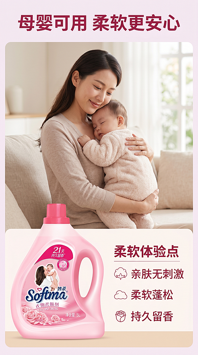 [第3屏] 真人场景展示-母婴家庭使用妙柔淡雅玫瑰柔顺剂后衣物效果，本屏使用【图1】作为商品主体。
[氛围/风格] 温馨治愈家庭风，柔和自然光，真实生活场景质感。
[元素布局] 画面上半部分展示亚洲妈妈抱着宝宝，宝宝舒服依偎在妈妈怀里，穿着洗好的柔软棉质衣物，衣物蓬松柔软；画面下半部分左侧放置产品图，右侧分三点列出体验感：亲肤无刺激、柔软蓬松、持久留香；产品外观颜色和包装文字和输入图保持一致。
[光影质感] 柔和室内自然光，整体明亮温馨，人物和产品都清晰自然。
[配色色系] 全局底色 #FAF0F5，主色暖粉色调，辅助色浅米色背景，深玫红色文字。
[视角构图] 上半场景下半产品信息构图，自然真实，场景沉浸感强。
[文字版式] 顶部大标题"母婴可用 柔软更安心"，右侧分三点卖点，文字清晰不遮挡人物和产品。
[比例分辨率] 9:16竖版比例，4K分辨率，高清画质。
[负向提示词] 人物表情怪异，产品变形，文字错乱，颜色偏差，水印