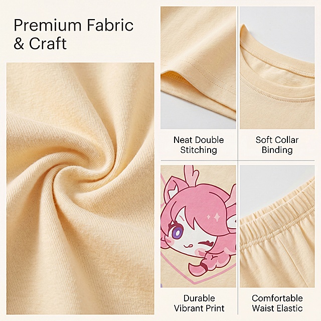 [第4屏] Fabric & Craft Detail - 100% cotton fabric close-up. [Title Format] Simple sans-serif title at top-left, light background. [Atmosphere/Style] Textured close-up, professional, highlight softness and breathability. [Element Layout] Left large area macro shot of cotton fabric texture, right 2x2 grid displays four detailed craft: neat stitching, collar binding, printed color fastness, waist elastic. Use [image1] as product base, extract fabric part for enlarged display. [Lighting and Texture] Soft overhead light, clear fabric texture, real touch feeling. [Color Scheme] Global background #F9F6F0; grid lines light gray. [Perspective Composition] Left macro right grid layout, clear levels. [Text Layout] Top-left title "Premium Fabric & Craft", each grid has 4-word craft description, small font clear. [Proportion Resolution] 1:1 square ratio, 4K resolution. [Negative Prompt] Fabric texture blur, wrong grid layout, text blur