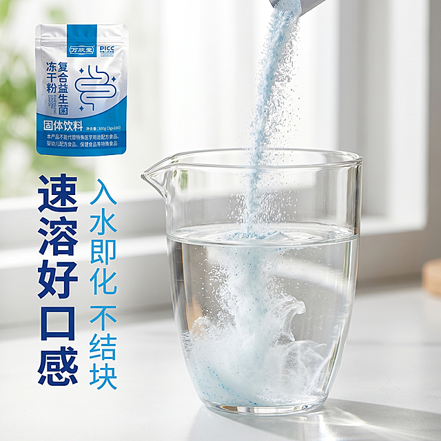 「图片1」，生成电商主图（5张），商品名称是复合益生菌冻干粉，卖点是速溶口感，升级配料，全家适用，科学配比，原装正品，适配淘宝/天猫平台，主图比例为1:1