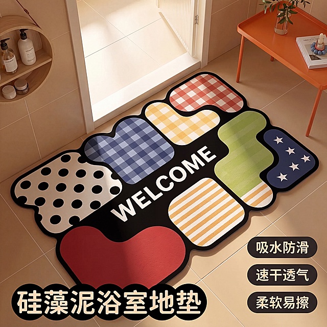 [主图-1] 浴室地垫浴室入户场景展示首图
[氛围风格] 温馨现代居家生活感，撞色简约ins风
[画质] 商业摄影质感、光线柔和通透、产品清晰真实、画面干净高级
[元素] 异形硅藻泥浴室地垫铺在浴室门口米色地砖上，左侧露出浴室内墙砖和圆形置物台，右侧放橙色台面边几，保持地垫外观、物理结构、材质质感、颜色与输入产品图绝对一致，杜绝任何变形和色差，精细化处理。商品主体占比严格控制在70%左右，画面满屏无边框。
[光影] 浴室门口自然光漫反射，光线柔和偏暖调，高光不溢、暗部有层次，材质肌理呈现自然明暗，硅藻泥哑光质感清晰。
[配色] 主色调为地垫自带撞色系，黑红蓝绿格纹，背景为暖米色墙面地面，干净协调。
[视角构图] 俯视拍摄，产品主体居中，前中后景分层，景深适中，产品完整不裁切。
[文字版式] 左下负空间压角排版，主标题大字写“硅藻泥浴室地垫”，使用可爱圆润字体黑色粗体；右侧排列三个小卖点标签“吸水防滑”“速干透气”“柔软易擦”，小号可爱字体深色字，不遮挡地垫主体。
[比例分辨率] 1:1比例，4k分辨率，文字清晰锐利，超高清。
[负向提示词] 变形，文字错乱，产品图模糊，背景杂乱，水印，电商平台Logo