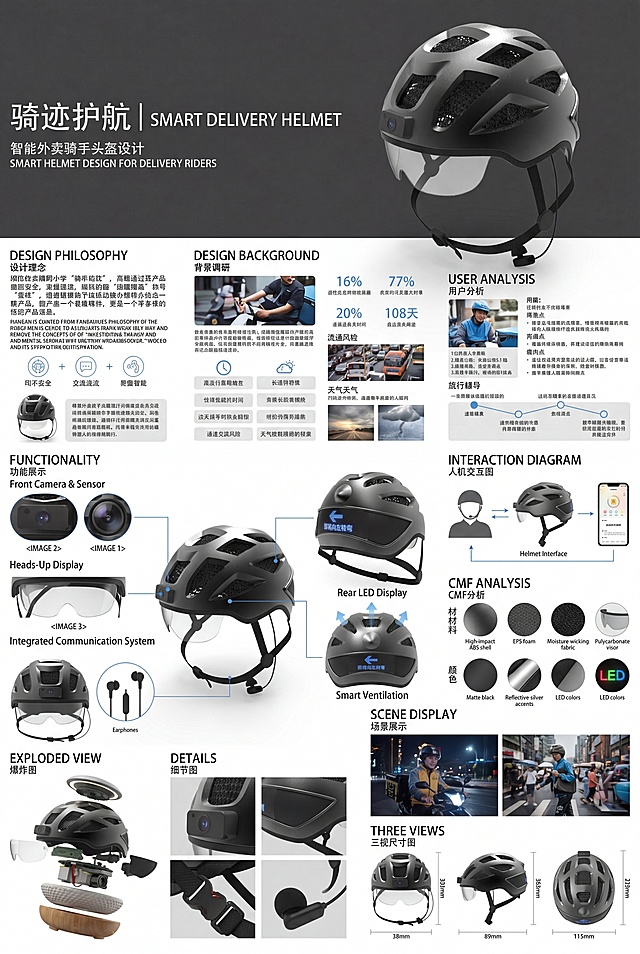 参考第一张图片的版式，制作A3竖向展板，内容是为外卖骑手设计的智能化头盔，产品名称为"骑迹护航"，包含标题、产品设计说明、设计背景、用户分析、功能展示、人机交互图、CMF分析、场景展示、爆炸图、细节图、三视尺寸图，使用提供的头盔产品渲染图，整体排版工整，专业产品设计展板风格