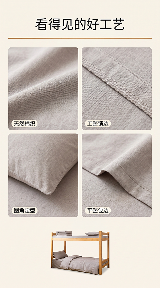 [第3屏] 面料与工艺细节展示，纯色全棉三件套细节特写。本屏使用浅灰色三件套【图1】提取面料纹理做细节展示，产品结构与输入图一致。
[标题版式] 标题居上，简约细线分割，细节块2×2宫格排列，干净利落。
[氛围/风格] 品质细节展示风，真实微距质感，突出全棉工艺。
[元素布局] 上方标题，中部四个宫格分别展示：全棉面料纹理、锁边走线、圆角枕包、平整包边；下方保留完整产品小图做参照；每个细节区域清晰干净。
[光影质感] 均匀打光，纹理清晰，明暗适中，突出棉织质感。
[配色色系] 全局底色 #f8f5f0；主色浅灰面料，木色装饰线；辅助色黑色文字。
[视角构图] 平铺微距，细节清晰，整体排版均衡。
[文字版式] 主标题「看得见的好工艺」，每个细节配2-4字标签：「天然棉织」「工整锁边」「圆角定型」「平整包边」，标签小巧不遮挡细节。
[比例分辨率] 9:16 竖版比例，4K分辨率，高清画质。
[负向提示词] 纹理模糊，变形，拼接错位，文字错乱，水印。