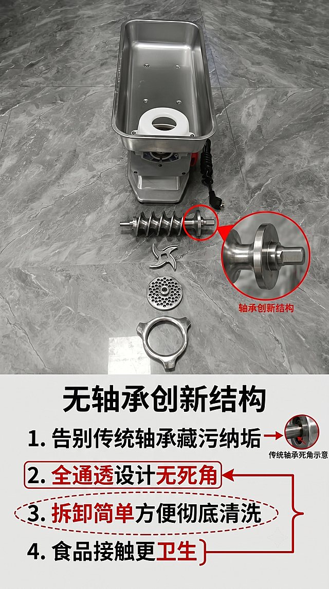 [第4屏] 核心技术解析，无轴承结构原理展示。本屏使用【图4】展示可拆卸无轴承结构。
[氛围/风格] 技术解析专业风格，结构示意清晰直观。
[元素布局] 上半部分展示绞肉机螺旋杆等核心部件拆解图，下半部分文字解析结构优势，产品部件结构和材质保持与原图一致。
[光影质感] 顶柔光均匀打光，金属部件呈现清晰纹理，结构轮廓分明，细节锐利。
[配色色系] 灰色水泥背景，突出不锈钢金属质感，黑色主文字，红色标注核心结构位置。
[视角构图] 产品拆解俯视图，结构一目了然，文字区在下方排版整齐。
[文字版式] 顶部标题「无轴承创新结构」，分点文字说明：告别传统轴承藏污纳垢，全通透设计无死角，拆卸简单方便彻底清洗，食品接触更卫生。文字清晰不遮挡部件。
[比例分辨率] 9:16竖版比例，4K分辨率，高清画质。
[负向提示词] 部件错乱，结构变形，颜色失真，文字模糊，水印。