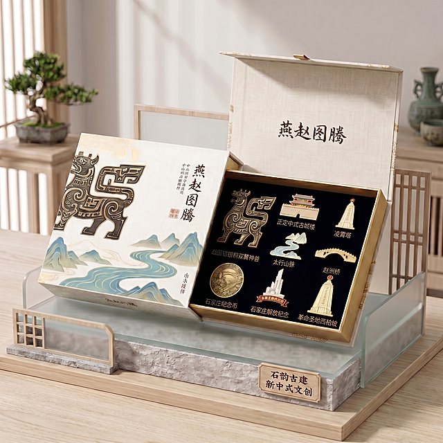在已有盒装徽章布局图（image1）基础上，仅将右下角第三排第三个位置的'革命圣地西柏坡'徽章替换为新提供的图片（image2：金色纪念碑造型、顶部红星、刻有'革命圣地西柏坡'文字的徽章），其余8个徽章及整体布局、文字位置、盒子风格保持不变。确保替换后徽章尺寸与原位置协调，文字仍位于其正下方。
