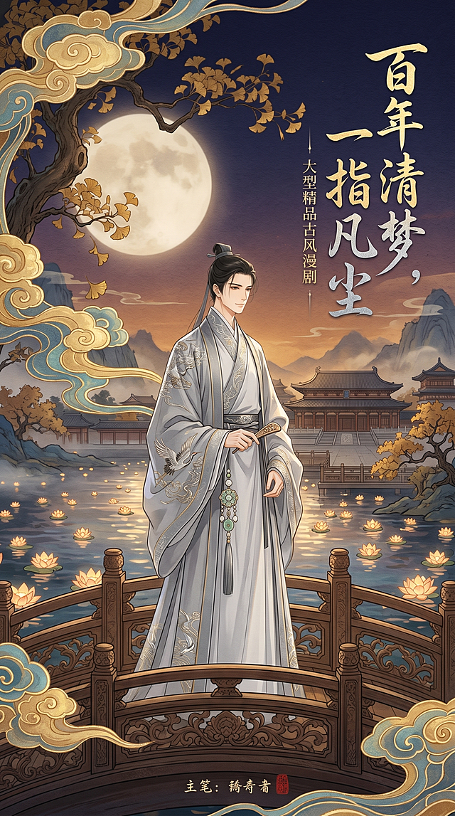 基于提供的古风男子形象生成华丽的古风漫剧封面，比例9:16，背景非纯白色，全图不留白，不包含英文，封面添加剧名“百年清梦，一指凡尘”，整体风格华丽古风