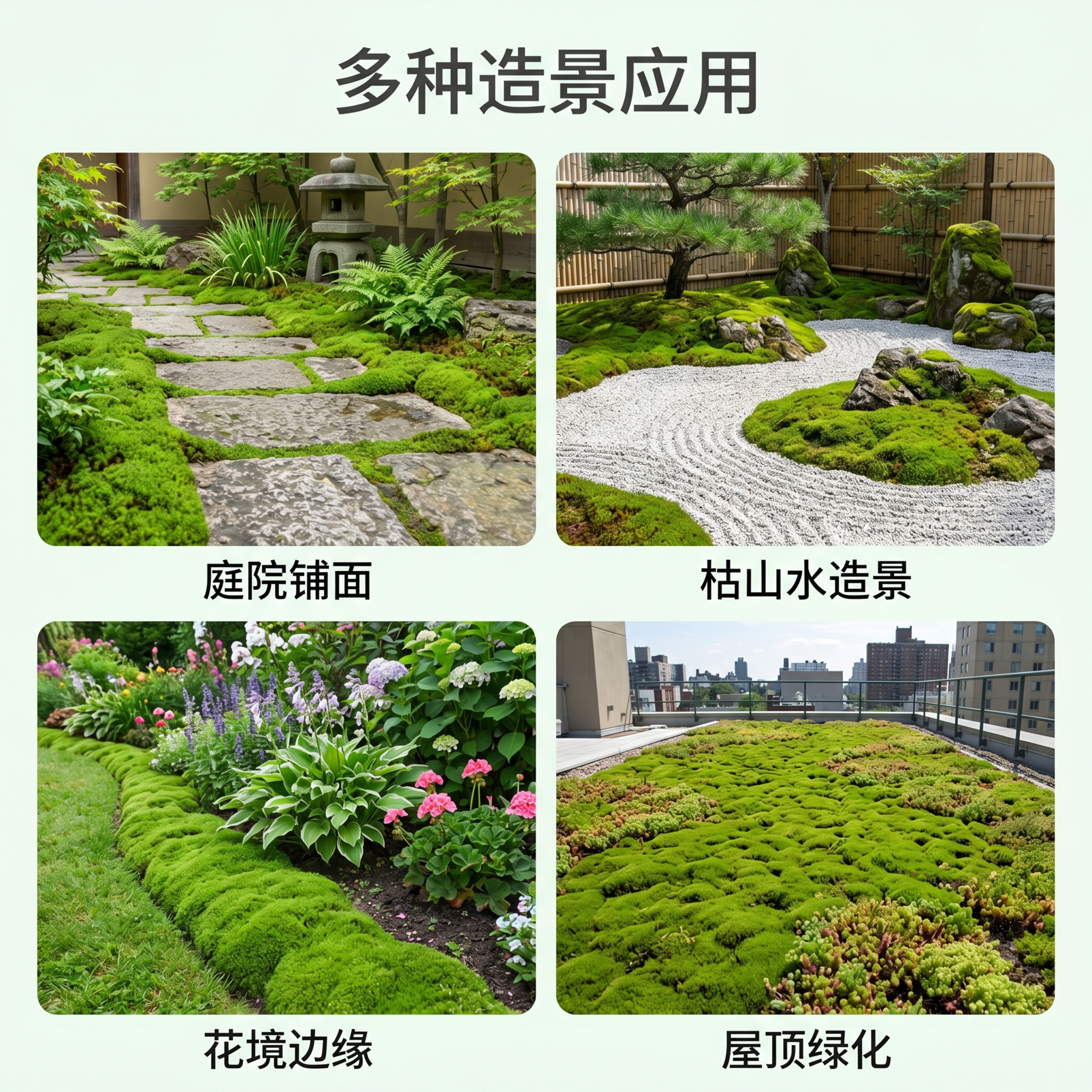 [第5屏] 场景应用展示，展示东亚砂藓在不同室外造景中的效果。… - 图片创意预览