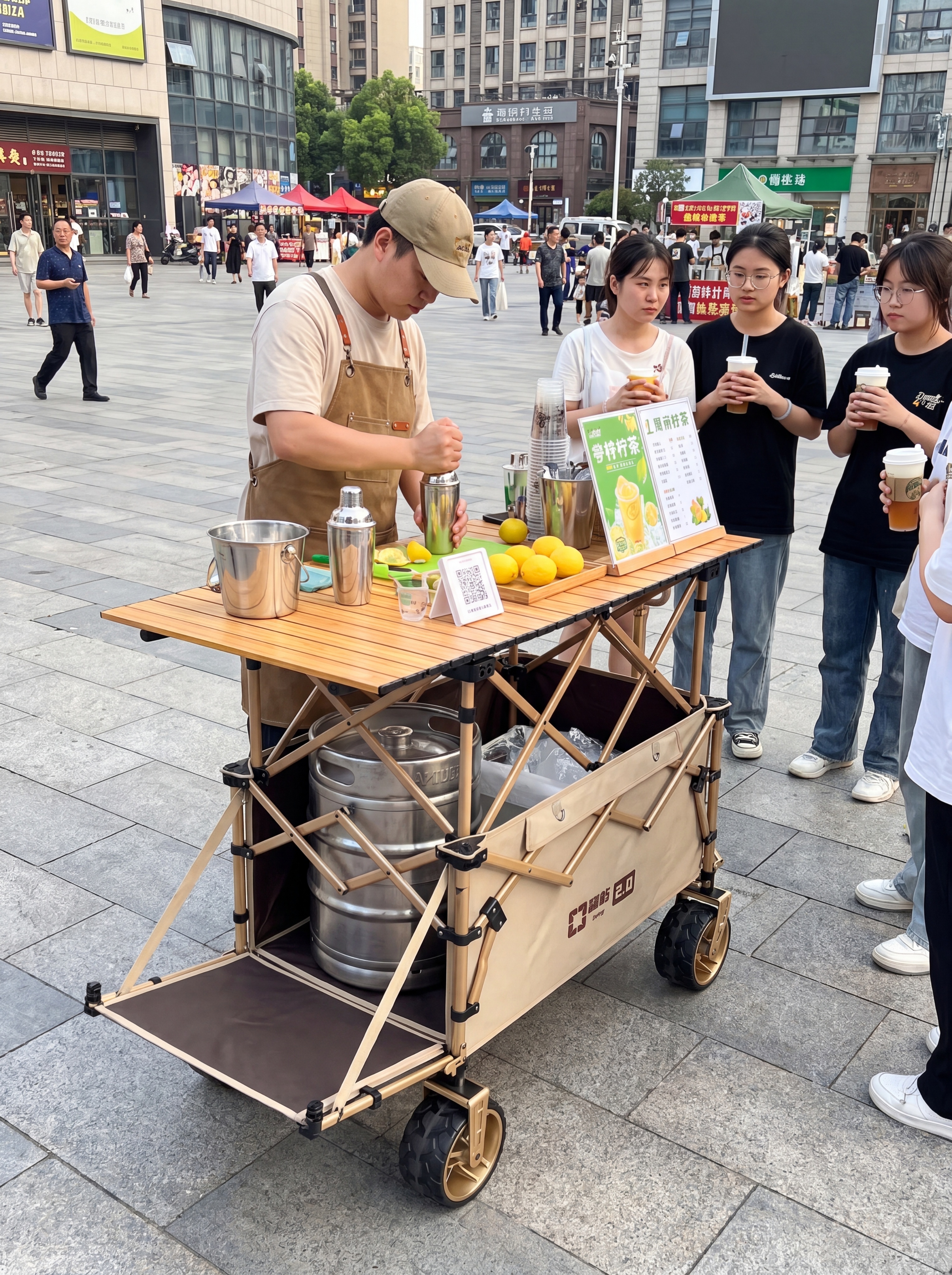 使用参考图中的卡其色露营推车，保留后开拖斗设计搭配折叠桌面，制… - 图片创意预览