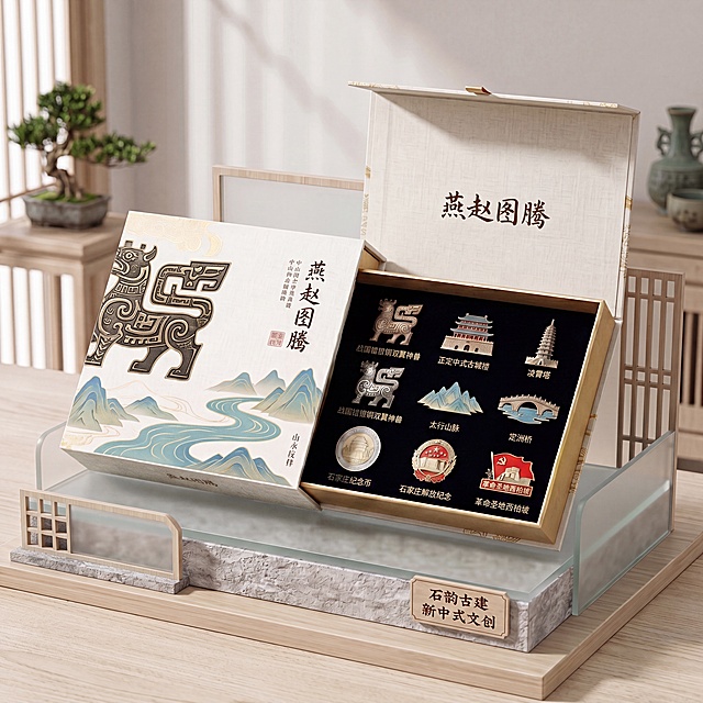 在原盒子里，按照要求顺序摆放所有徽章纪念币，并在每个物体下方加上对应的名称文字：
1. 第一排第一个位置和第二排第一个位置放置放大的战国错银铜双翼神兽徽章，下方加文字"战国错银铜双翼神兽"
2. 第一排第二个位置放置正定中式古城楼徽章，下方加文字"正定中式古城楼"
3. 第一排第三个位置放置凌霄塔徽章，下方加文字"凌霄塔"
4. 第二排第二个位置（正定中式古城楼下方）放置太行山脉徽章，下方加文字"太行山脉"
5. 第二排第三个位置放置定洲桥徽章，下方加文字"定洲桥"
6. 第三排第一个位置（战国错银铜双翼神兽下方）放置石家庄纪念币，下方加文字"石家庄纪念币"
7. 第三排第二个位置放置石家庄解放纪念徽章，下方加文字"石家庄解放纪念"
8. 第三排第三个位置放置革命圣地西柏坡徽章，下方加文字"革命圣地西柏坡"
保持新中式文创风格，所有物品都放在黑色的盒子内衬里，整体排版整齐，文字统一放在对应物品下方，保留原盒子的展示台和整体场景