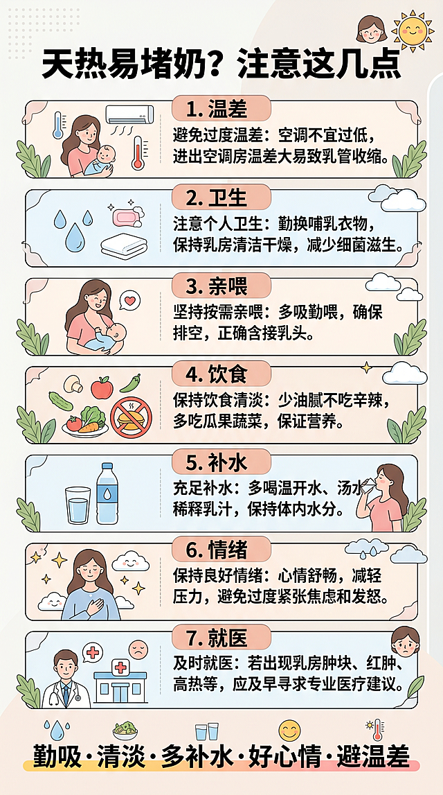做一个科谱海报，把文字进行排版
标题：天热易堵奶？注意这几点

温差

空调设定26-28℃，避开风口直吹，出入房间披件薄衫，给身体一个缓冲。冷热交替刺激可能引发腺管痉挛，增加不适风险。

卫生

哺乳前后用温水清洗，勤换内衣，保持局部干爽。天气炎热，汗液和乳汁残留易滋生细菌，注意清洁有助于减少隐患。

亲喂

每天哺乳8-12次以上，先吸堵奶的一侧，可尝试不同姿势，让宝宝下巴对准硬块方向。不要因疼痛而停喂，宝宝的吸吮是最有效的疏通方式。

饮食

少喝猪蹄汤、排骨汤等浓汤，前期以清淡为主，待乳腺通畅后再逐步增加营养。过于油腻的食物可能使乳汁变粘稠，不易排出。

补水

每天饮水2000-2500毫升，温水为宜，少量多次。夏季出汗多，水分不足时乳汁易浓稠，充足饮水有助于顺畅排出。

情绪

天气燥热本就容易心烦，加上产后激素变化，情绪波动大、肝火偏旺，也可能影响乳汁通畅。尽量保持心情平和，听听音乐、闭目养神，家人多分担、多体谅，让妈妈休息好。

就医

如发烧超过38.5℃，伴畏寒、全身酸痛，或房红肿热痛加重、硬块24小时未改善，建议及时就医。

勤吸·清淡·多补水·好心情·避温差