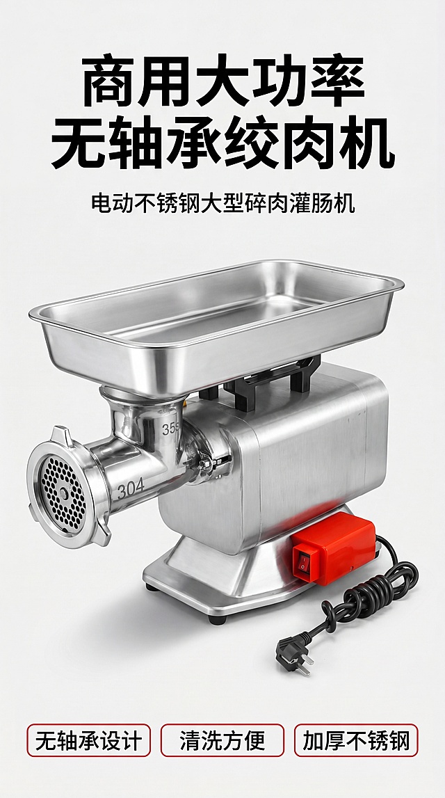 [第1屏] 详情页头图，无轴承商用大功率不锈钢绞肉机宣传海报。本屏使用【图1】【图3】作为商品主体，展示产品全貌。
[氛围/风格] 拼多多接地气风格，专业商用质感，清晰明亮的商业摄影风格。
[元素布局] 绞肉机主体居中展示，占画面约70%，顶部大标题区，底部点缀核心卖点标签，产品结构、材质颜色保持与原图一致，展示整机加厚不锈钢外观和红色控制盒设计。
[光影质感] 正面柔光立体布光，金属表面呈现清晰高光反射，底部自然投影凸显机身立体感，整体画面清晰通透。
[配色色系] 全局底色 #F5F5F5，主色不锈钢银灰色，辅助色红色点缀，黑色文字醒目。
[视角构图] 正面45度斜视角，产品中心构图，阅读动线从上到下清晰流畅。
[文字版式] 顶部主标题「商用大功率 无轴承绞肉机」加粗醒目，副标题「电动不锈钢大型碎肉灌肠机」，下方三个卖点标签：「无轴承设计」「清洗方便」「加厚不锈钢」，文字不遮挡主体，清晰可读。
[比例分辨率] 9:16竖版比例，4K分辨率，高清画质，文字清晰可辨。
[负向提示词] 产品变形，结构错误，颜色偏差，缺件错件，文字模糊，水印杂乱，背景不干净。