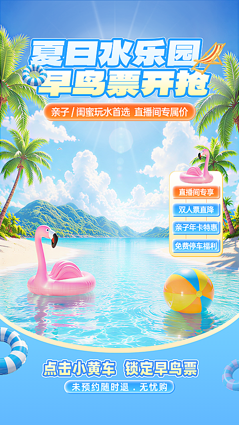 水上乐园早鸟票直播促销夏日清凉风直播背景贴片组合