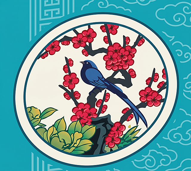 参考原图内容，重新绘制图案，超高清，扁平插画风，矢量风格，保持图案不倾斜，平面呈现，保留圆形边框、红色梅花和蓝色喜鹊，青蓝色背景