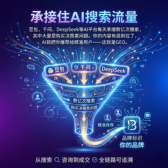 比例1:1，紫蓝渐变撞色科技风，深色背景从深紫过渡到电光蓝，添加数据粒子效果，中心突出构图，主标题文字"承接住AI搜索流量"，辅助文字"豆包、千问、DeepSeek等AI平台每天承接数亿次搜索，其中大量是购买决策类问题。你的内容布局到位了，AI就把你推荐给精准用户——这就是GEO。"，画面中央一个发光漏斗，漏斗顶部放置"豆包""千问""DeepSeek"三个标签，漏斗汇聚光带流向品牌标识，底部标注文字"从搜索到咨询到成交 全链路可追溯"，整体科技感