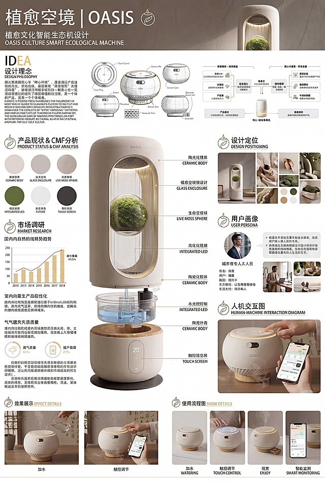参考第二张排版模板，为产品植愈空境（第一张产品图）生成一张A4尺寸的产品设计分析海报，排版和风格与参考模板一致，包含模块：市场调研，设计定位，用户画像，产品现状，产品CMF分析，人机交互图，配色沿用参考图的自然米色系，整体简约高级