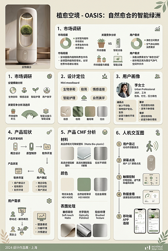 生成一张A3竖版产品设计展板，产品名称为"植愈空境"，展板分区展示内容：市场调研，设计定位，用户画像，产品现状，产品CMF分析，人机交互图，左上角放置产品实物图，整体风格简约清新，符合产品自然治愈的定位，排版清晰整齐