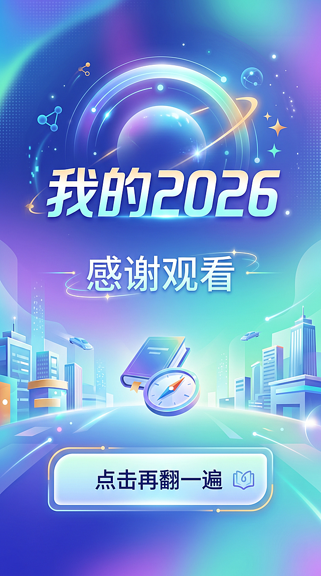 H5结尾页，主题为"我的2026"，设计风格呼应封面，包含文案"感谢观看"和"点击再翻一遍"引导交互，整体风格统一，配色协调，移动端竖版
