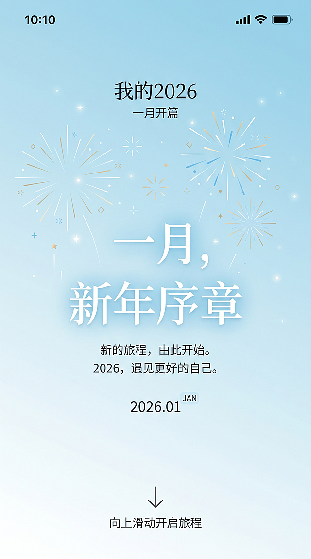 H5内容页，主题为"我的2026"-一月开篇，设计风格简约现代，留白充足，包含文案"一月，新年序章"，背景为淡蓝色渐变，点缀烟花元素，符合移动端浏览