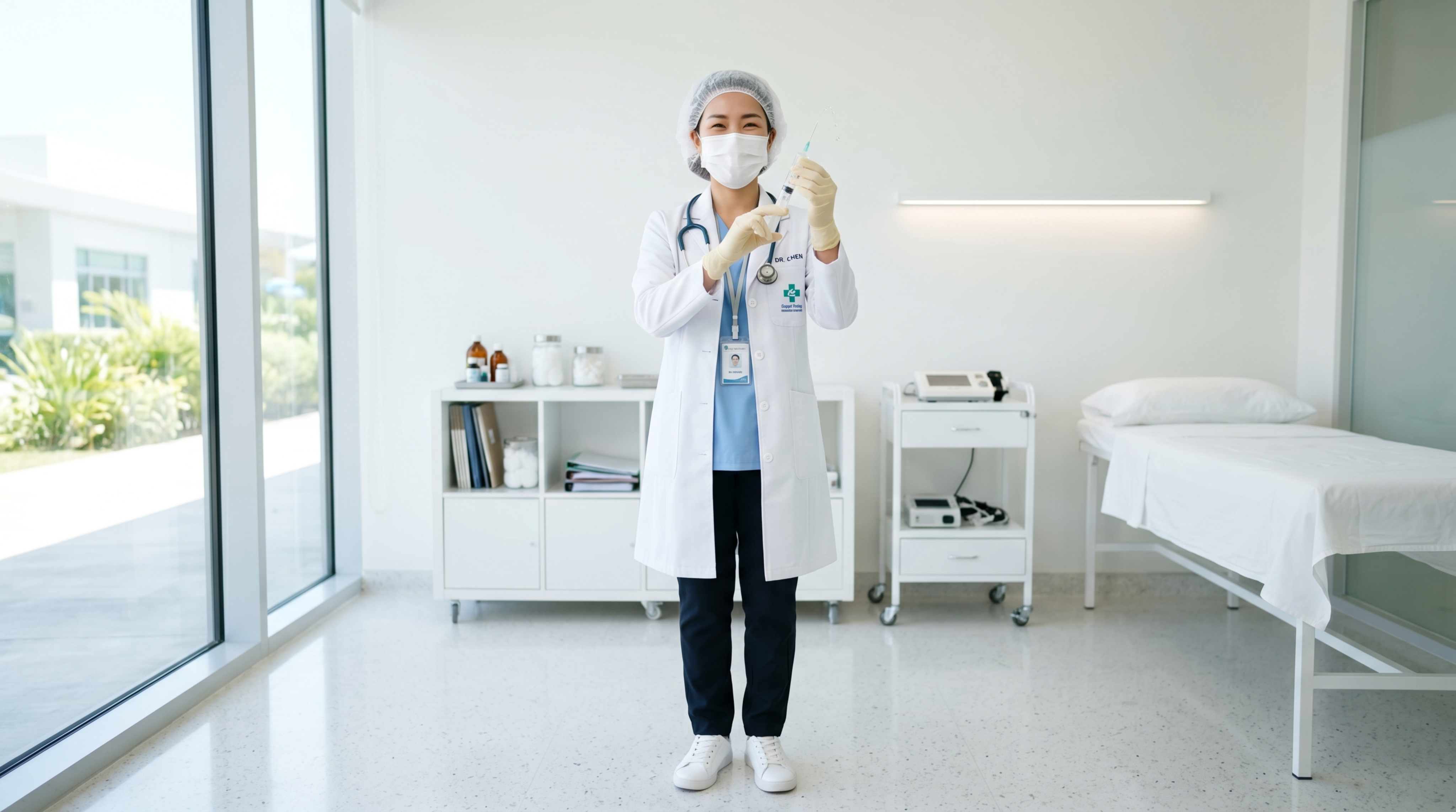 AI美女医生带着淡黄色乳胶手套拿着注射器挤出空气，人物要全身照… - 图片创意预览