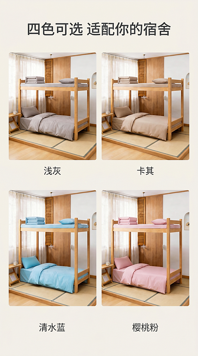 [第4屏] 多色系列整体展示，清水蓝、浅灰、樱桃粉、卡其四色可选。使用四张产品图【图1浅灰】【图2卡其】【图4清水蓝】【图5樱桃粉】做2×2矩阵排列展示，每个产品结构与输入图保持一致。
[标题版式] 顶部居中标题，简约设计，矩阵每个产品下方标注色名。
[氛围/风格] 清新干净展示风，每个颜色真实还原，无偏色。
[元素布局] 上方标题，中部2×2矩阵每个颜色占一格，每个产品保留宿舍场景小图，下方色名标注，整体均衡分布，产品不变形不压缩。
[光影质感] 每个产品光影均匀一致，保持真实实拍效果，色彩还原准确。
[配色色系] 全局底色 #f7f3ed，保留产品原有自然背景，文字深灰。
[视角构图] 统一视角，矩阵整齐排列，清晰展示每个颜色整体效果。
[文字版式] 主标题「四色可选 适配你的宿舍」，每个颜色下方标注对应名称：浅灰、卡其、清水蓝、樱桃粉，文字小巧清晰，不遮挡产品。
[比例分辨率] 9:16 竖版比例，4K分辨率，高清画质。
[负向提示词] 颜色偏差，产品变形，排列错乱，文字遮挡主体。