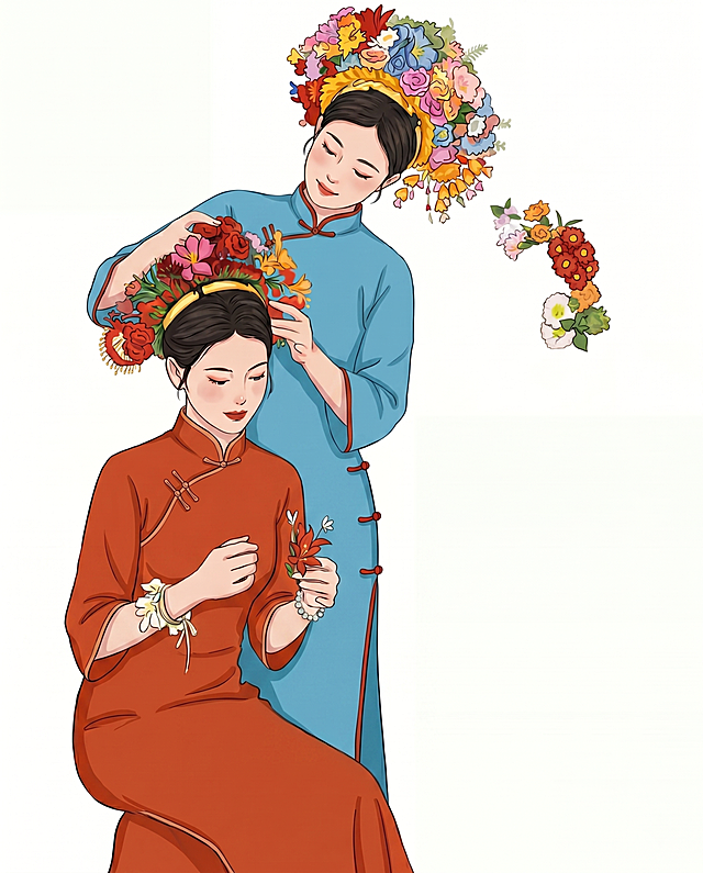 将两个女生都换成传统中袖旗袍，站立的女生穿天蓝色中袖旗袍，坐著的女生穿橘红色中袖旗袍，保持簪花造型不变，背景纯白，插画风格不变，整体色彩协调