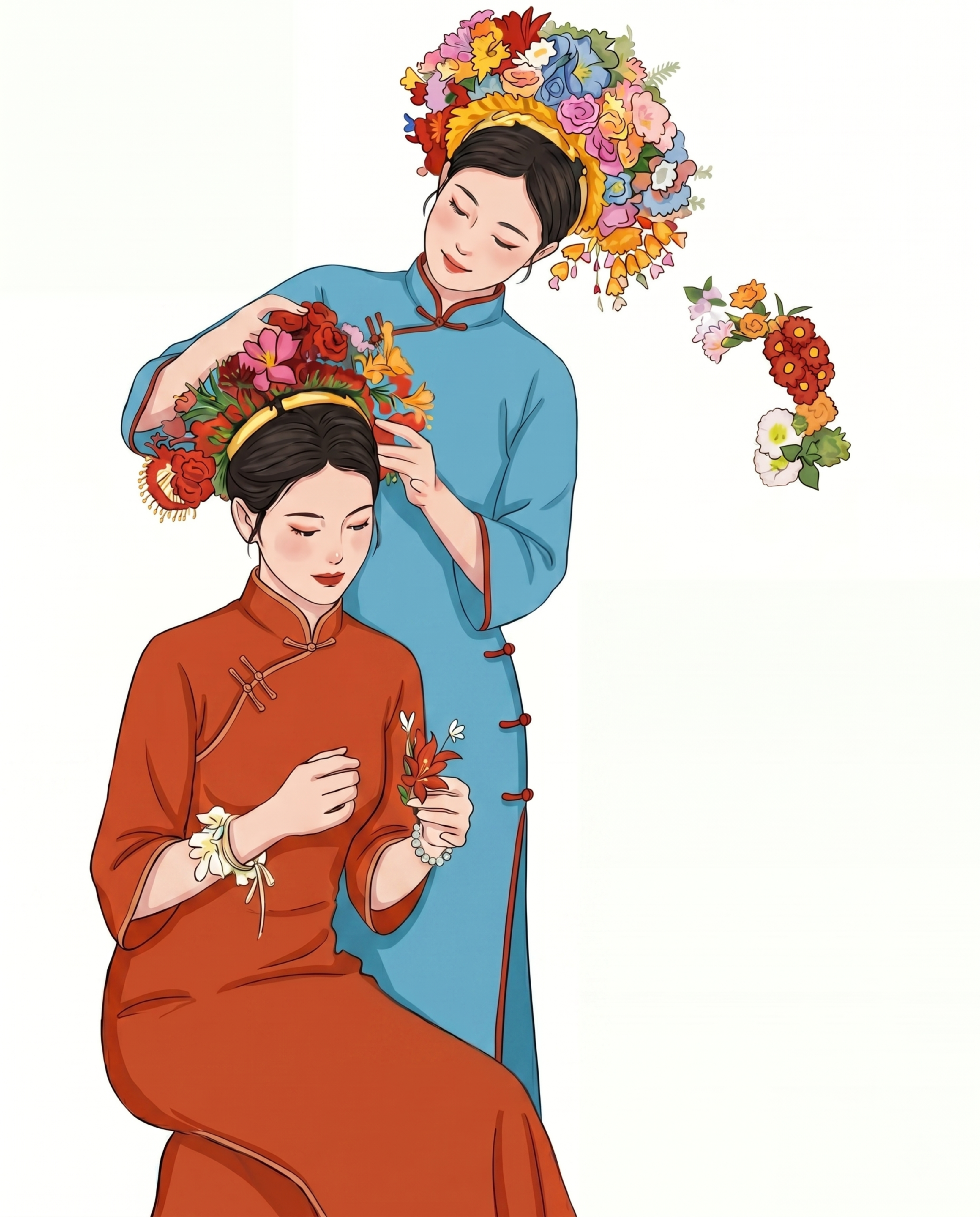 将两个女生都换成传统中袖旗袍，站立的女生穿天蓝色中袖旗袍，坐著… - 图片创意预览