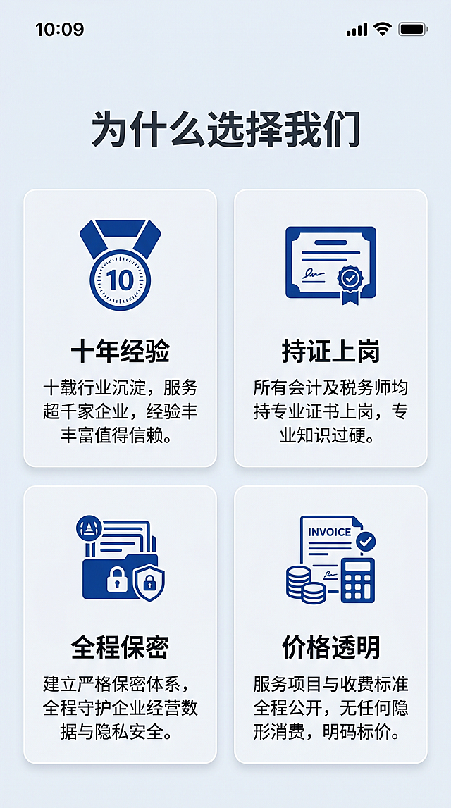 [第4屏] 服务优势背书页-展示我们做工商财税服务的核心优势与专业资质。
[氛围/风格] 权威可信专业风，突出专业度和信任感
[元素布局] 顶部标题，下方四个优势图标模块，两行两列排列，每个模块包含图标、标题和短句说明，排布整齐，间距均匀，页面干净不杂乱。
[光影质感] 整体光照均匀，图标模块有轻微浮雕效果，增加立体感。
[配色色系] 全局底色 #F5F7FA，主色深蓝色 #165DFF，图标用主色，文字深灰，保持整体配色一致。
[视角构图] 网格排版，从上到下阅读，清晰规整。
[文字版式] 主标题「为什么选择我们」，四个优势分别为：「十年经验」「持证上岗」「全程保密」「价格透明」，每个优势配一句话说明，文字清晰，大小适中适合手机。
[比例分辨率] 9:16 竖版比例，4K 分辨率，文字清晰可辨，高清画质。
[负向提示词] 变形，水印，文字错乱，文字过小，排版不齐，虚假资质表述，绝对化极限词