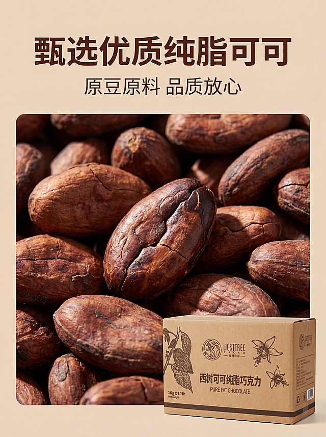 [第2屏] 核心成分展示-西树可可纯脂巧克力原料展示。本屏使用图1作为产品辅助展示。
[氛围/风格] 自然原生态，真实食材质感，商业摄影食欲感。
[元素布局] 整张屏以可可豆微距特写作为主视觉，占比超过60%，大量展示饱满完整的可可豆，呈现深棕色自然纹理。西树可可产品包装放在右下角作为辅助，占比约20%，保持外观一致。画面干净饱满，原料占主体，产品做背书。
[光影质感] 自然侧光，突出可可豆颗粒纹理质感，明暗对比清晰，增强食欲感。
[配色色系] 全局底色#E8D9C5，主色深棕可可色，辅助色保留产品原有牛皮纸色。
[视角构图] 俯拍微距视角，可可豆铺满大部分画面，产品点缀右下角，层次分明。
[文字版式] 顶部主标题「甄选优质纯脂可可」，思源黑体粗体深棕色；副标题「原豆原料 品质放心」，思源细体；文字居上，不遮挡可可豆主体，字体统一使用思源字体。
[比例分辨率] 3:4 竖版比例，4K 分辨率，文字清晰可辨，高清画质。
[负向提示词] 变形，水印，文字错乱，文字过小，缺件错件，结构错误，颜色偏差，包装文字错乱，产品图模糊，背景杂乱