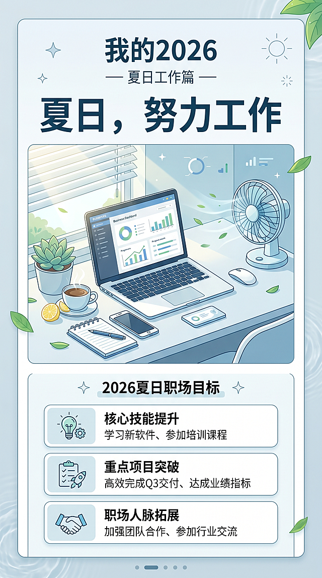 H5内容页，主题为"我的2026"-夏日工作，设计风格清爽商务，包含文案"夏日，努力工作"，背景为浅灰蓝色，搭配办公桌元素，排版整洁适合移动端浏览