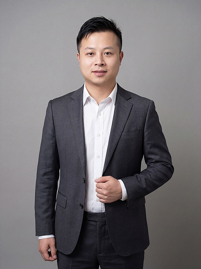 参考图中保留人物脸型、发型、年龄等特征生成职场形象照，标准焦段50mm，f/4光圈，平视视角，镜头与人物视线齐平；人物占画面70%，人物居中，居中构图，位于画面中心，为视觉聚焦点，入境范围头部及以下至臀部下方10cm，半身像；左右留少量背景空间；头部与画面顶部保留5%空间；头部发型完整，头肩比例协调，人物结构准确；发质微微柔顺，微微蓬松。身穿深灰色精纺羊毛混纺西装外套，平驳领设计，面料呈细腻微微哑光质感；内搭白色高支精梳棉衬衫；下装深灰色精纺羊毛混纺西裤；着装正式干练；专业稳重；身形匀称，姿态端正，身体挺拔。呈站姿右手轻握西装前襟，肢体放松且自信；简约微微中性灰色纯色背景，呈现均匀柔和质感，背景光线均匀柔和，强化色彩对比的高级感，极简干净。画质超高分辨率、细节清晰，现代精致感风格；肤质精细化处理；眼神直视镜头，目光坚定且澄澈，表情自然，嘴角上扬；去除所有配饰，去除项链、耳环等配饰。肤质自然细腻，肤色健康均匀，皮肤状态清爽干净，保留真实皮肤细节。正面柔光补光，4800K中性光，面部光比1:1.5。中近景写实摄影，对焦清晰，面部雾面柔光，轻透裸肌感，高清保留皮肤细节；分辨率4K，去除人物之外的所有多余元素。严格按照图片内容生成，画面比例3:4
