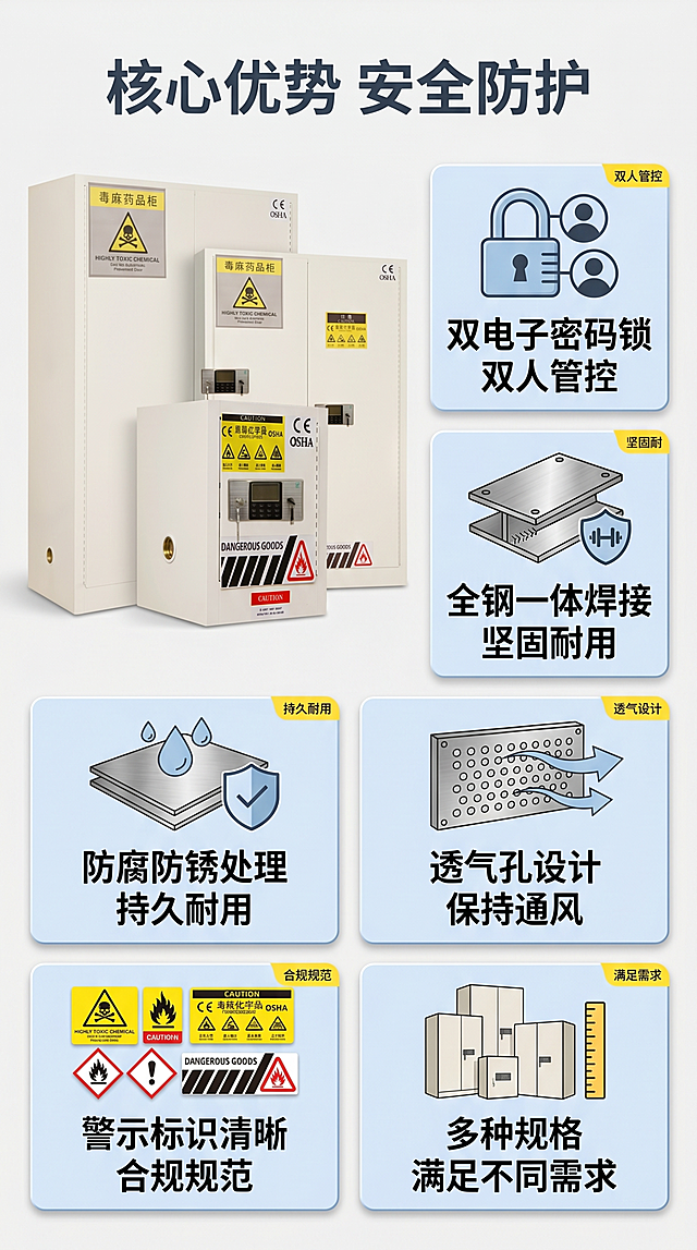 [第3屏] 核心卖点总览，展示毒麻柜六大核心优势。本屏使用【图1】产品作为展示主体。
[氛围/风格] 专业清晰信息风，浅灰背景，图文结合。
[元素布局] 左上展示产品局部图，占比约40%；右侧和下半部分分为六个卖点卡片，每个卡片含图标+卖点文字，排版整齐不拥挤。保留产品原有外观颜色和标识。
[光影质感] 均匀明亮照明，卡片有浅阴影增加层次感，文字清晰。
[配色色系] 全局底色 #f5f5f5；主色深灰文字；辅助色浅蓝卡片背景、黄色标签点缀。
[视角构图] 左图右文错落排版，信息层级分明，符合移动端单手握持阅读。
[文字版式] 顶部主标题“核心优势 安全防护”，六个卖点分别为：“双电子密码锁 双人管控”“全钢一体焊接 坚固耐用”“防腐防锈处理 持久耐用”“透气孔设计 保持通风”“警示标识清晰 合规规范”“多种规格 满足不同需求”，文字清晰，主卖点加粗高亮。
[比例分辨率] 宽750px 高1300px，4K分辨率，文字清晰可辨，高清画质。
[负向提示词] 产品变形，颜色偏差，缺件错件，文字错乱，水印，极限词，第三方平台Logo