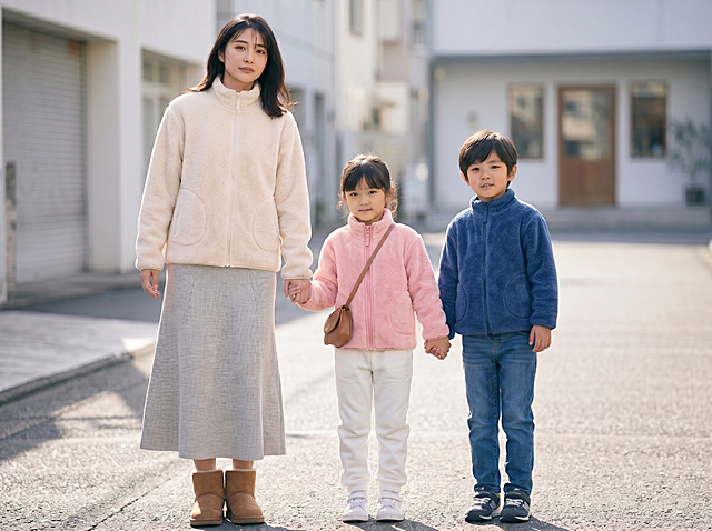 生成一张4:3比例图片，母子三人牵手站立于街道背景中：妈妈穿米白毛绒外套（无品牌标、拉链为图2所示白色无挂布拉链头、口袋为弧形开口无装饰）、女儿穿粉色毛绒外套配白色运动裤（无品牌标、拉链为图3所示粉色无挂布拉链头、口袋同款弧形开口）、儿子穿蓝色毛绒外套（无品牌标、拉链为深蓝无挂布拉链头、口袋同款），严格依据上传的3张拉链特写图还原细节，禁止添加任何挂布或多余装饰