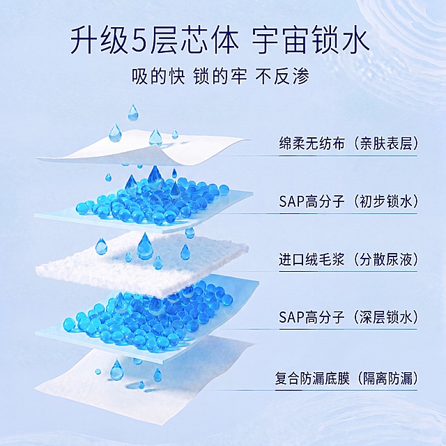 「图片1」「图片1」「图片1」「图片1」「图片1」，基于上传的5张成人护理垫详情图，生成5张适配京东平台的1:1比例主图，保留原图所有文字、产品信息、卡通形象和蓝色系风格，合理拆分排版核心内容，保证画面高清不模糊、文字无变形融边，整体风格和原图保持一致不改动，只调整构图适配1:1的正方形主图比例，让核心卖点在正方形画布中居中舒展、视觉聚焦。主图比例为1:1