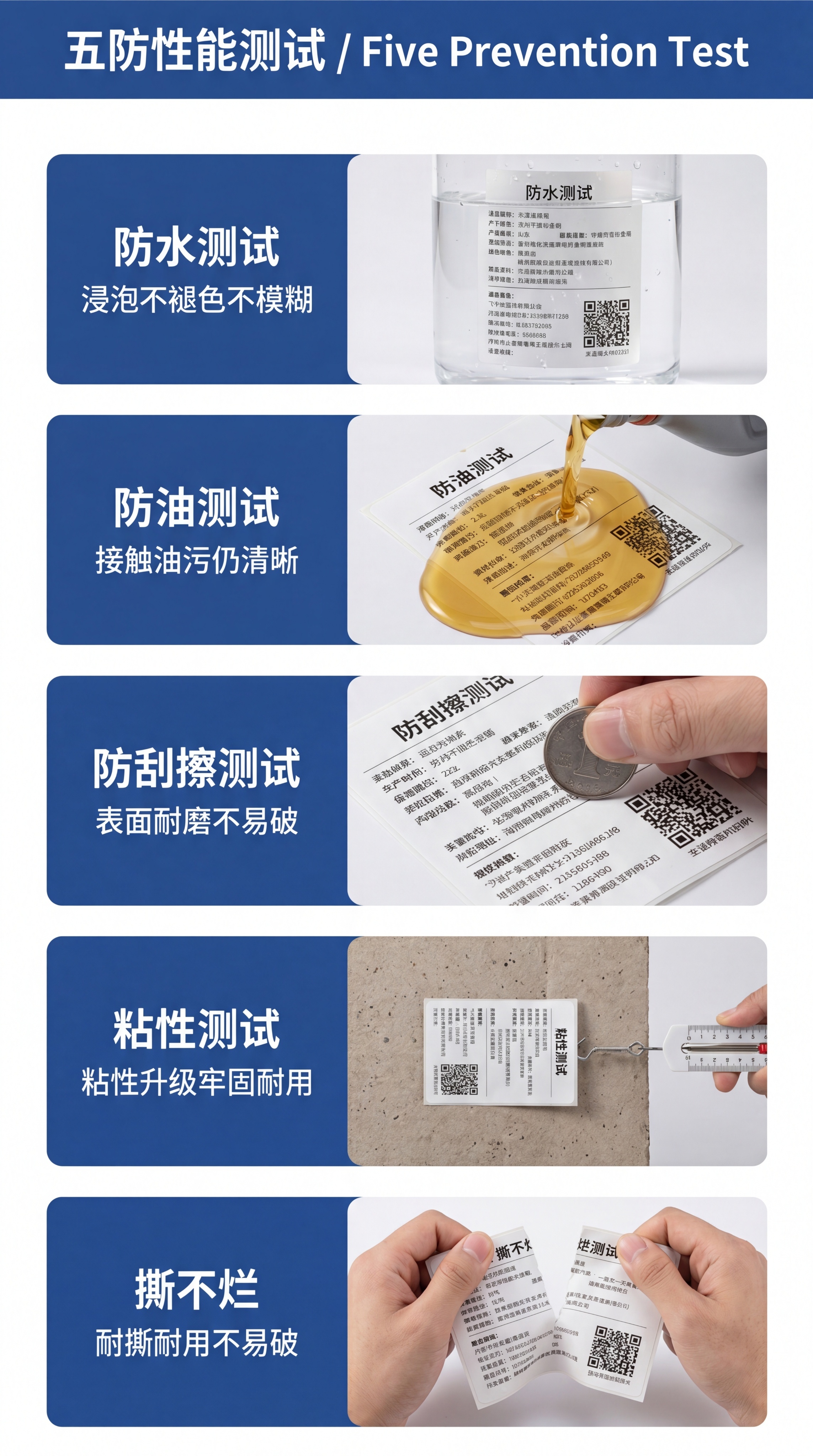[第3屏] 五防性能测试展示页，展示产品防水防油防刮擦粘性好撕… - 图片创意预览