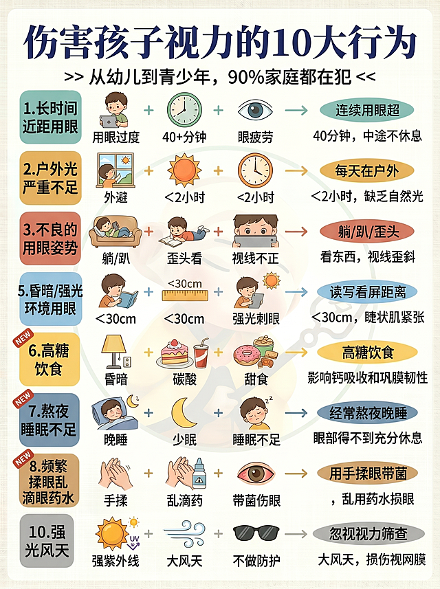 制作一张‘伤害孩子视力的10大行为’科普信息图，风格与参考图一致（现代简约手绘插画风，浅米色背景，分类标签使用不同纯色块，箭头与说明框采用柔和渐变色）。标题：‘伤害孩子视力的10大行为’，副标题：‘从幼儿到青少年，90%家庭都在犯’。内容按序号列出10条：1. 长时间近距离用眼（连续用眼超40分钟…）；2. 户外光照严重不足（每天在户外＜2小时…）；3. 不良的用眼姿势（躺/趴/歪头看东西…）；4. 读写看屏距离过近（距离＜30cm…）；5. 昏暗/强光环境用眼（只开台灯、在阳光下看屏幕…）；6. 高糖饮食（高糖甜食影响钙吸收…）；7. 熬夜睡眠不足（经常熬夜晚睡阻碍眼部发育…）；8. 频繁揉眼乱滴眼药水（用手揉眼带菌伤眼表…）；9. 忽视定期视力筛查（忽视错过干预期…）；10. 强光风天不做防护（紫外线损伤视网膜…）。每条配简洁图标或小插画示意，排版清晰易读，保持与参考图一致的视觉语言和比例（3:4）。