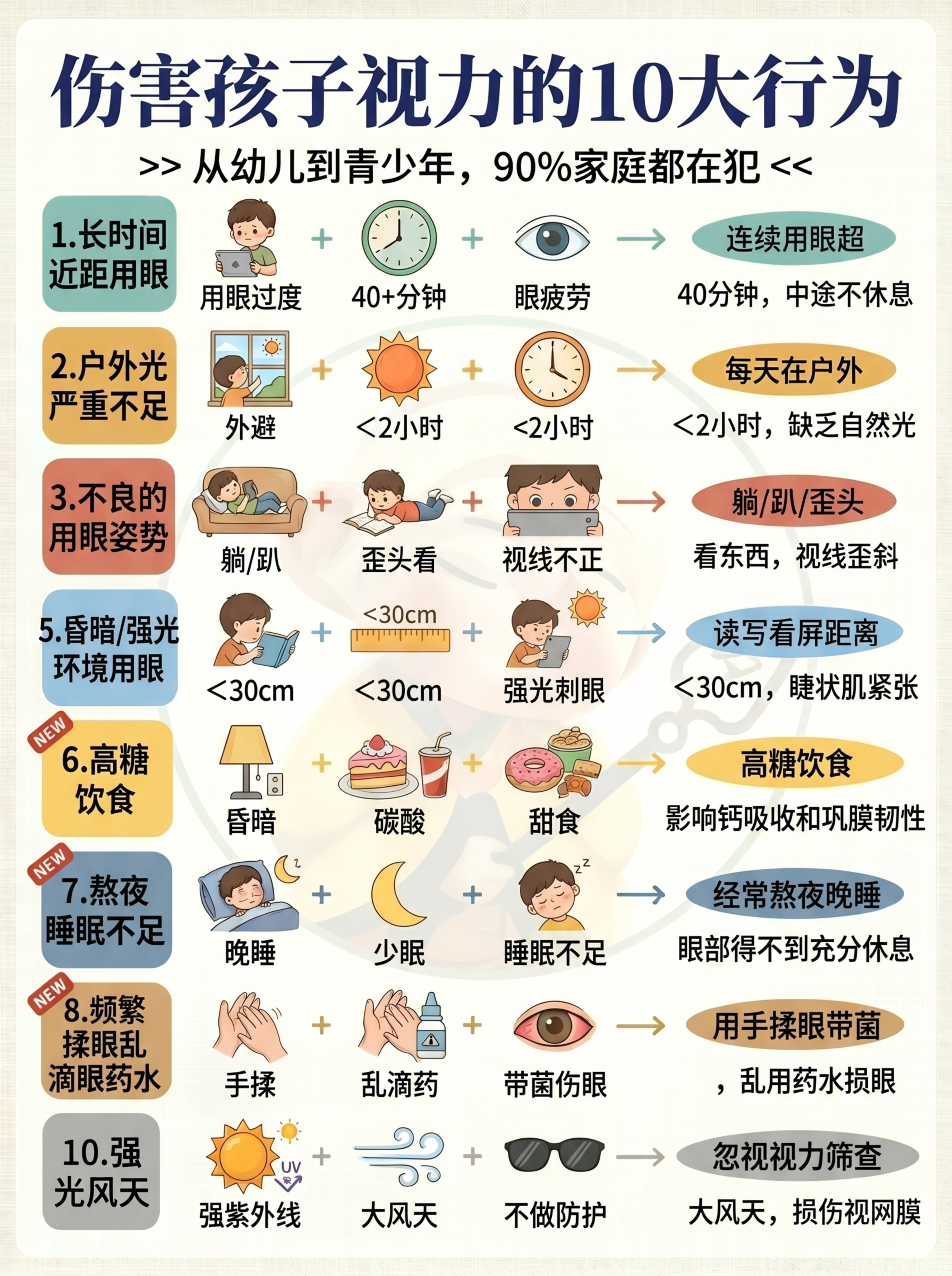 制作一张‘伤害孩子视力的10大行为’科普信息图，风格与参考图一… - 图片创意预览