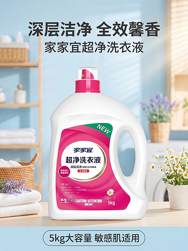 [第1屏] 详情页头图-家家宜超净洗衣液新品宣传海报，本屏使用【图1】作为商品主体。
[氛围/风格] 清新干净家居风，柔和自然光，商业摄影质感，温馨氛围感。
[元素布局] 洗衣液产品居中放置，占画面约65%，背景为干净明亮的浅蓝洗衣房场景，点缀干净布艺和淡香氛小花装饰；瓶身结构、颜色、包装文字与输入产品图完全保持一致。
[光影质感] 正面柔光灯照明，右侧自然柔和投影，瓶身高光清晰通透，整体明亮干净。
[配色色系] 全局底色#F2F8FC，主色粉白渐变，辅助色浅蓝背景，绿色点缀。
[视角构图] 正面平视，产品为绝对视觉中心，阅读动线从上到下，顶部标题→中间产品→底部信息条。
[文字版式] 顶部主标题「深层洁净 全效馨香」，副标题「家家宜超净洗衣液」，加粗黑体居中，底部信息条形「5kg大容量 敏感肌适用」，文字不遮挡瓶身主体。
[比例分辨率] 3:4 竖版比例，4K分辨率，文字清晰可辨，高清画质。
[负向提示词] 瓶身变形，缺件错件，颜色偏差，水印，文字错乱，产品图模糊，文字过小，极限词。