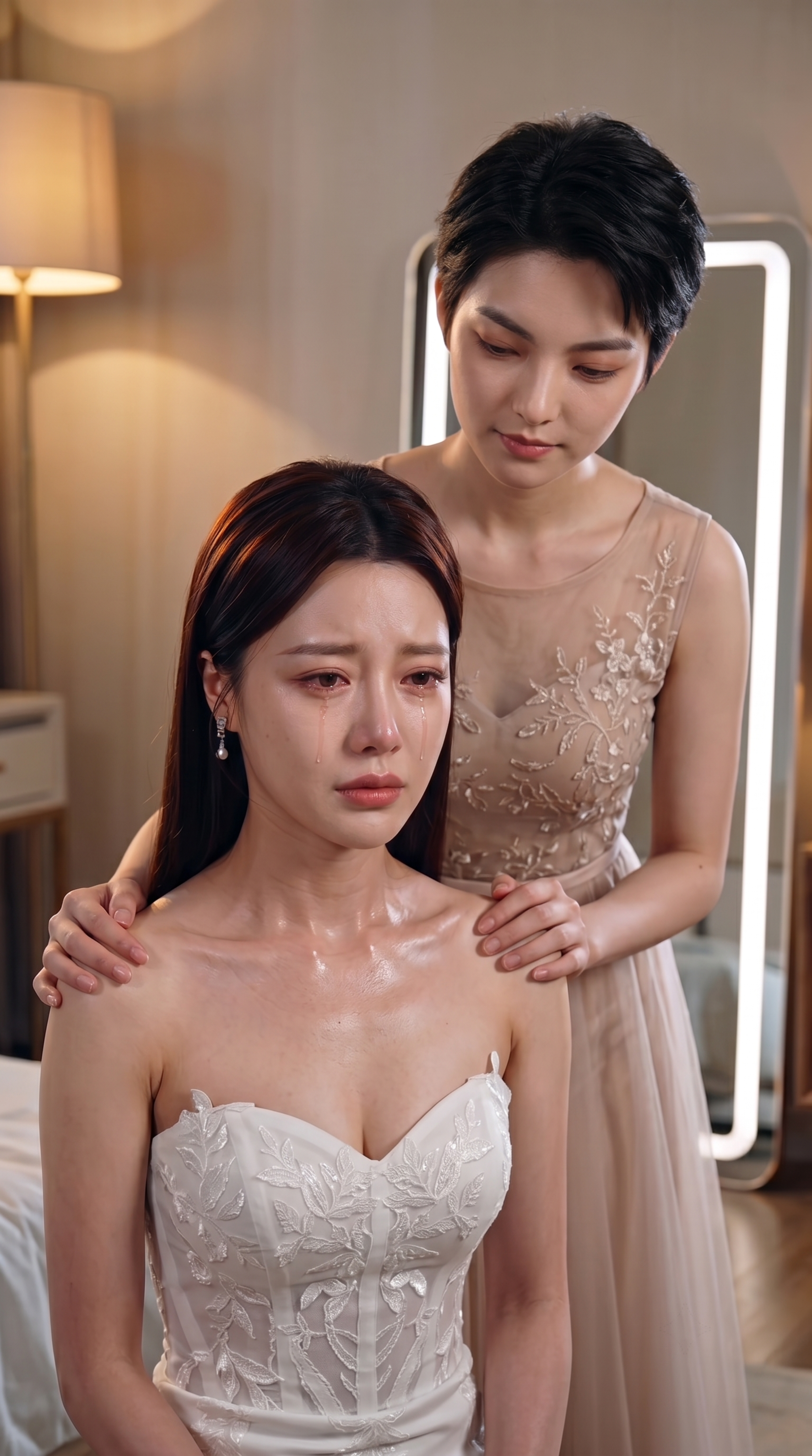 结合图三的站位，生成图二中的短发女性人物，双手扶着图一长发女性… - 图片创意预览